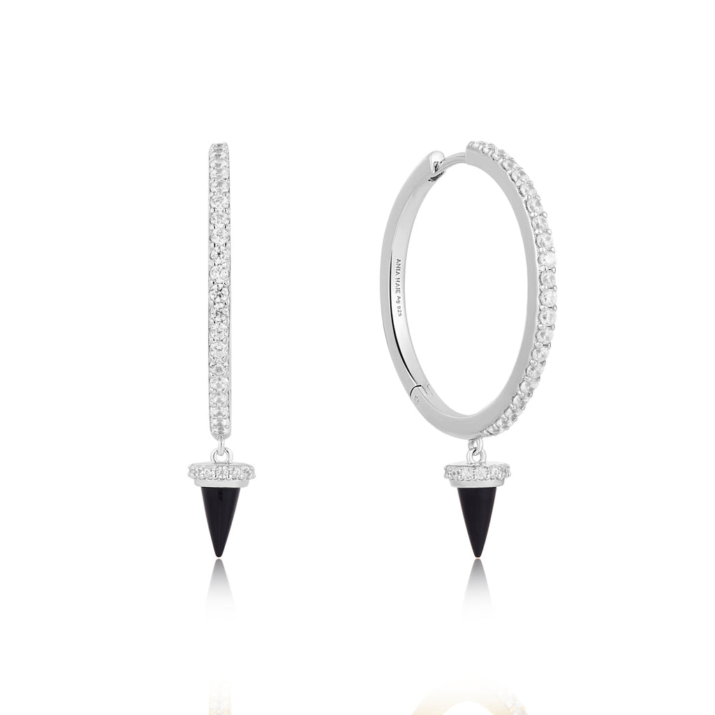 Ania Haie Silver Black Agate Drop Hoop Earrings