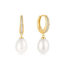 Load image into Gallery viewer, Ania Haie Gold Freshwater Pearl and White Cubic Zirconia Pave Drop Huggies