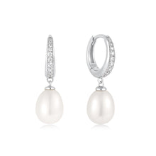 Load image into Gallery viewer, Ania Haie Silver Freshwater Pearl and White Cubic Zirconia Pave Drop Huggies