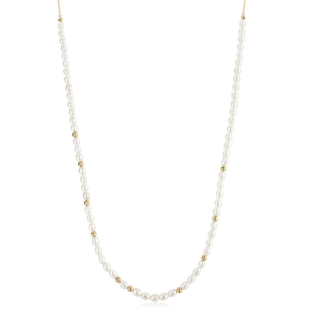 Ania Haie Gold Freshwater Pearl and White Cubic Zirconia Bezel Set Slider Necklace