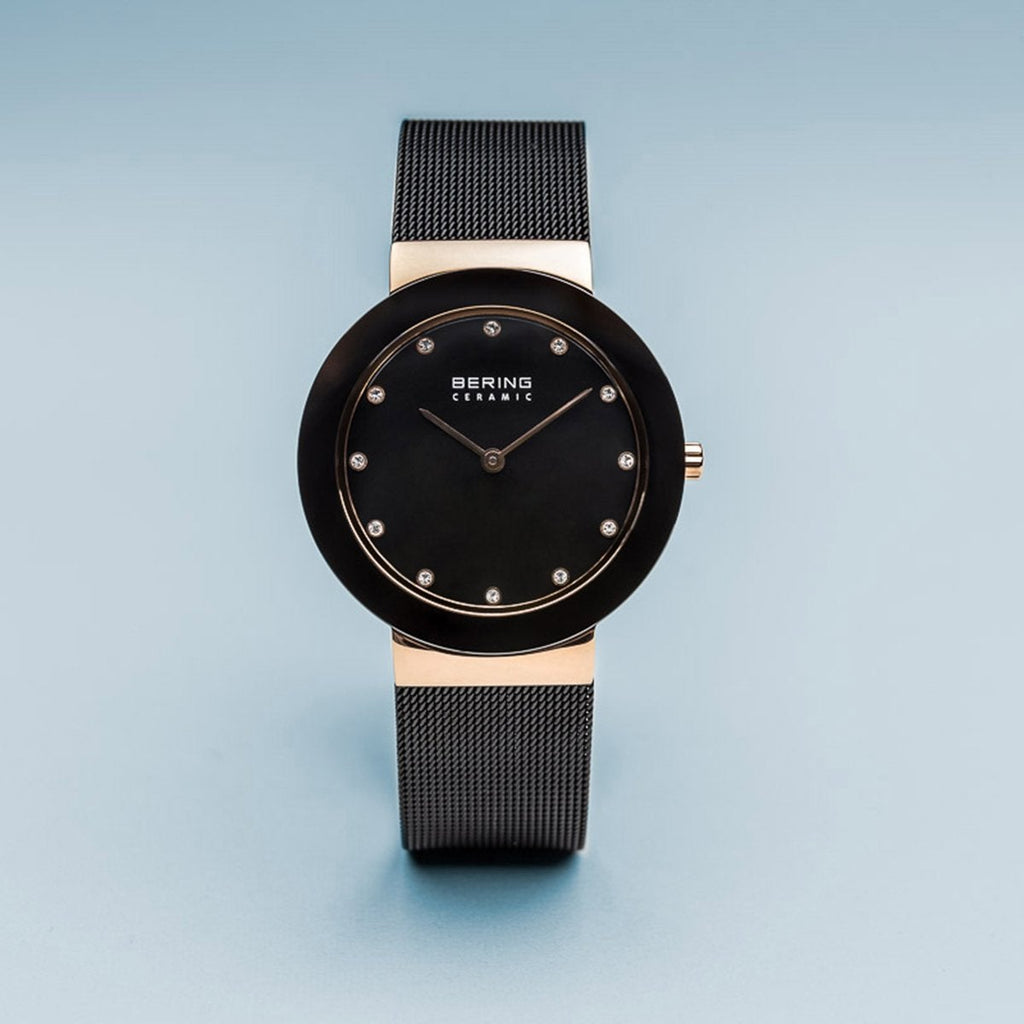 Bering Ceramic Polished Rose Gold Black Mesh Watch