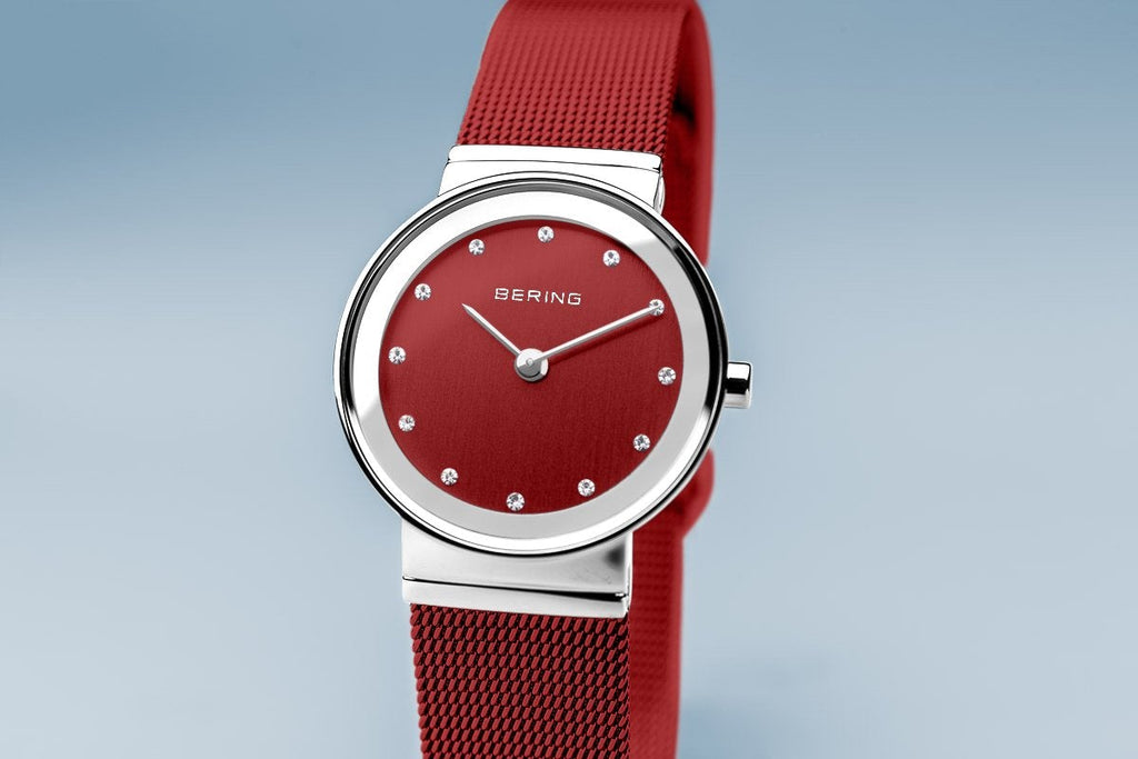 Bering Classic Polished Silver Red Mesh Watch