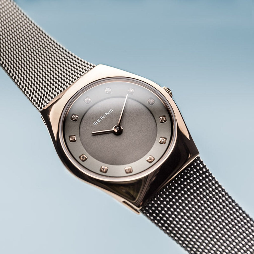 Bering Classic Polished Rose Gold Grey Mesh Watch