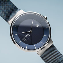 Load image into Gallery viewer, Bering Slim Solar Polished Silver Blue Mesh Watch