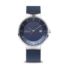 Load image into Gallery viewer, Bering Slim Solar Polished Silver Blue Mesh Watch