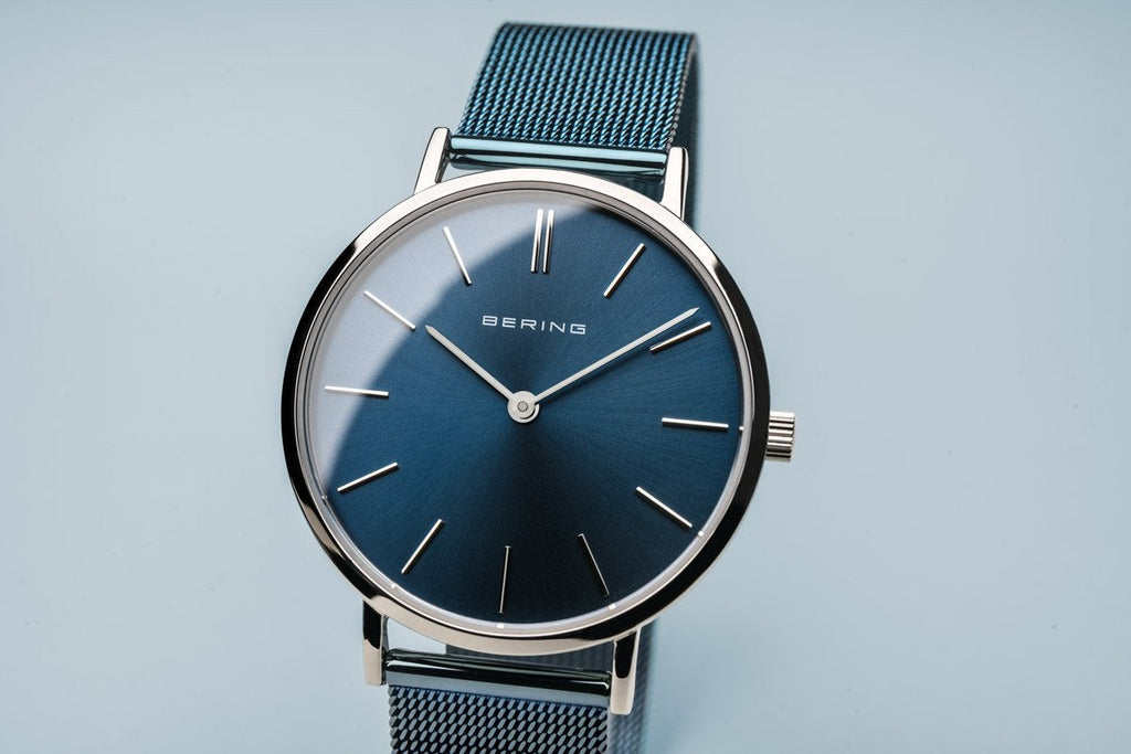 Bering Classic Polished Silver Blue Mesh Watch