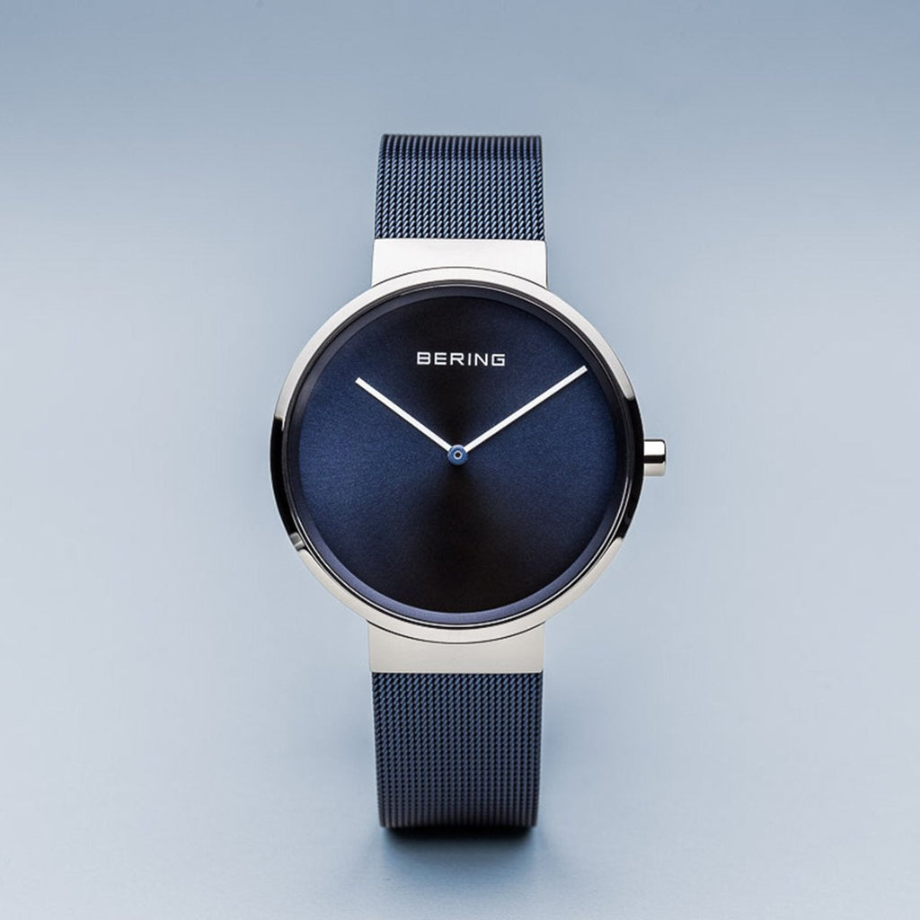 Bering Classic Brushed Silver Blue Milanese Mesh Watch
