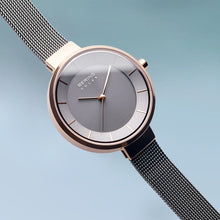 Load image into Gallery viewer, Bering Slim Solar Polished Rose Gold Grey Mesh Watch