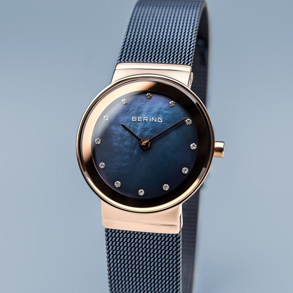 Bering Classic Polished Rose Gold Blue Mesh Swarovski Watch