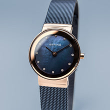 Load image into Gallery viewer, Bering Classic Polished Rose Gold Blue Mesh Swarovski Watch