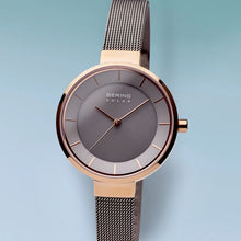 Load image into Gallery viewer, Bering Slim Solar Polished Rose Gold Grey Mesh Watch