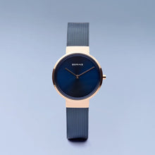 Load image into Gallery viewer, Bering Classic Polished Rose Gold Blue Mesh Watch