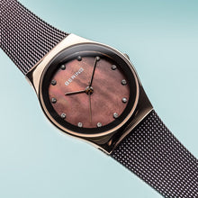 Load image into Gallery viewer, Bering Classic Polished Rose Gold Brown Milanese Mesh Watch