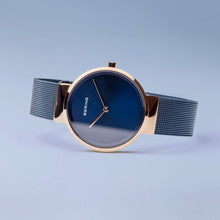 Load image into Gallery viewer, Bering Classic Polished Rose Gold Blue Mesh Watch