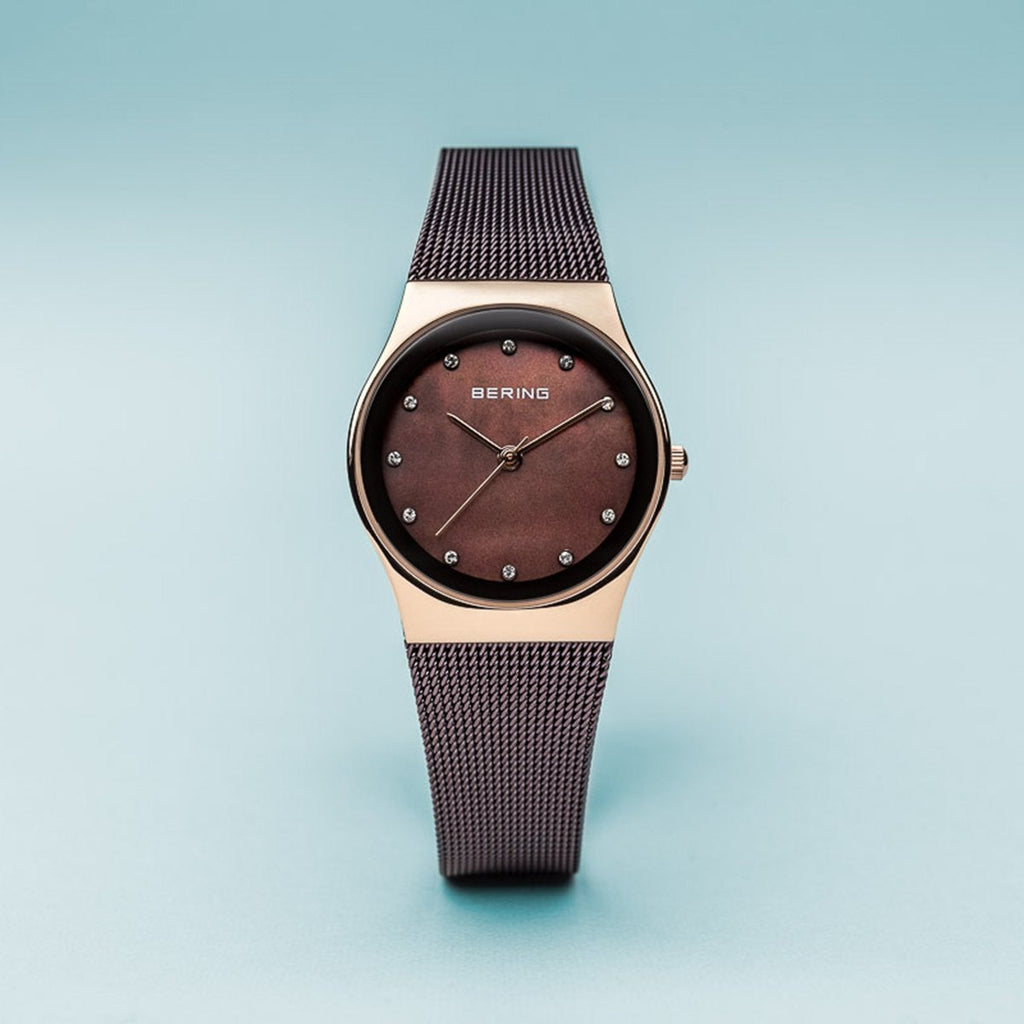 Bering Classic Polished Rose Gold Brown Milanese Mesh Watch