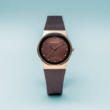 Load image into Gallery viewer, Bering Classic Polished Rose Gold Brown Milanese Mesh Watch