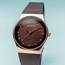 Load image into Gallery viewer, Bering Classic Polished Rose Gold Brown Milanese Mesh Watch