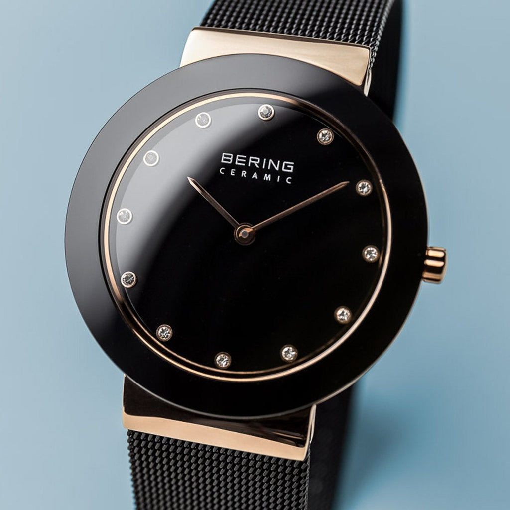 Bering Ceramic Polished Rose Gold Black Mesh Watch