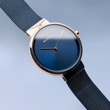 Load image into Gallery viewer, Bering Classic Polished Rose Gold Blue Mesh Watch