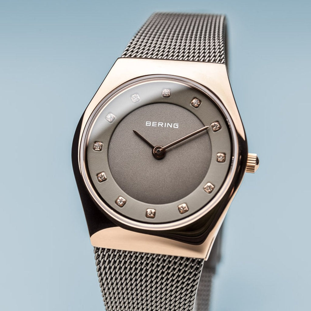 Bering Classic Polished Rose Gold Grey Mesh Watch