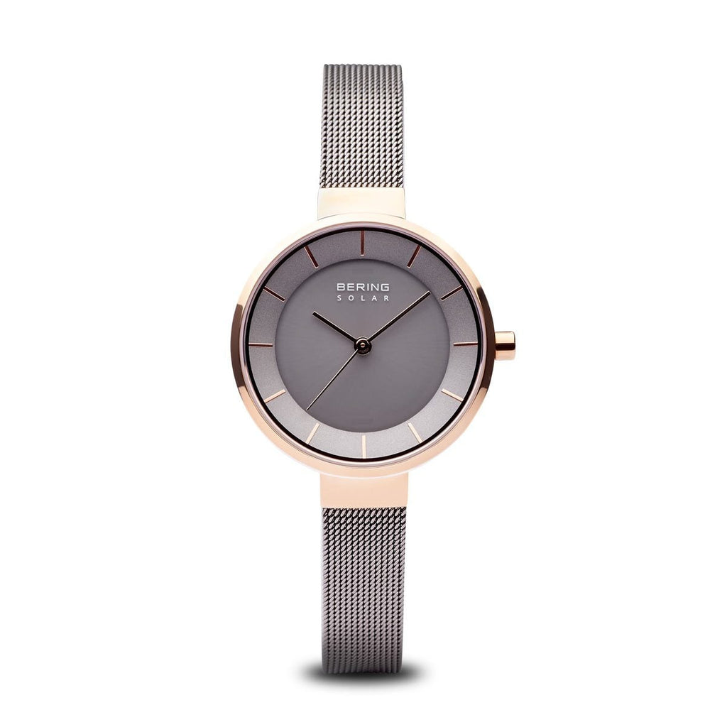 Bering Slim Solar Polished Rose Gold Grey Mesh Watch