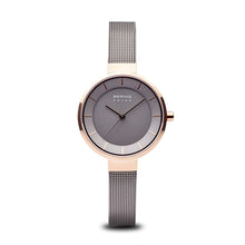 Load image into Gallery viewer, Bering Slim Solar Polished Rose Gold Grey Mesh Watch