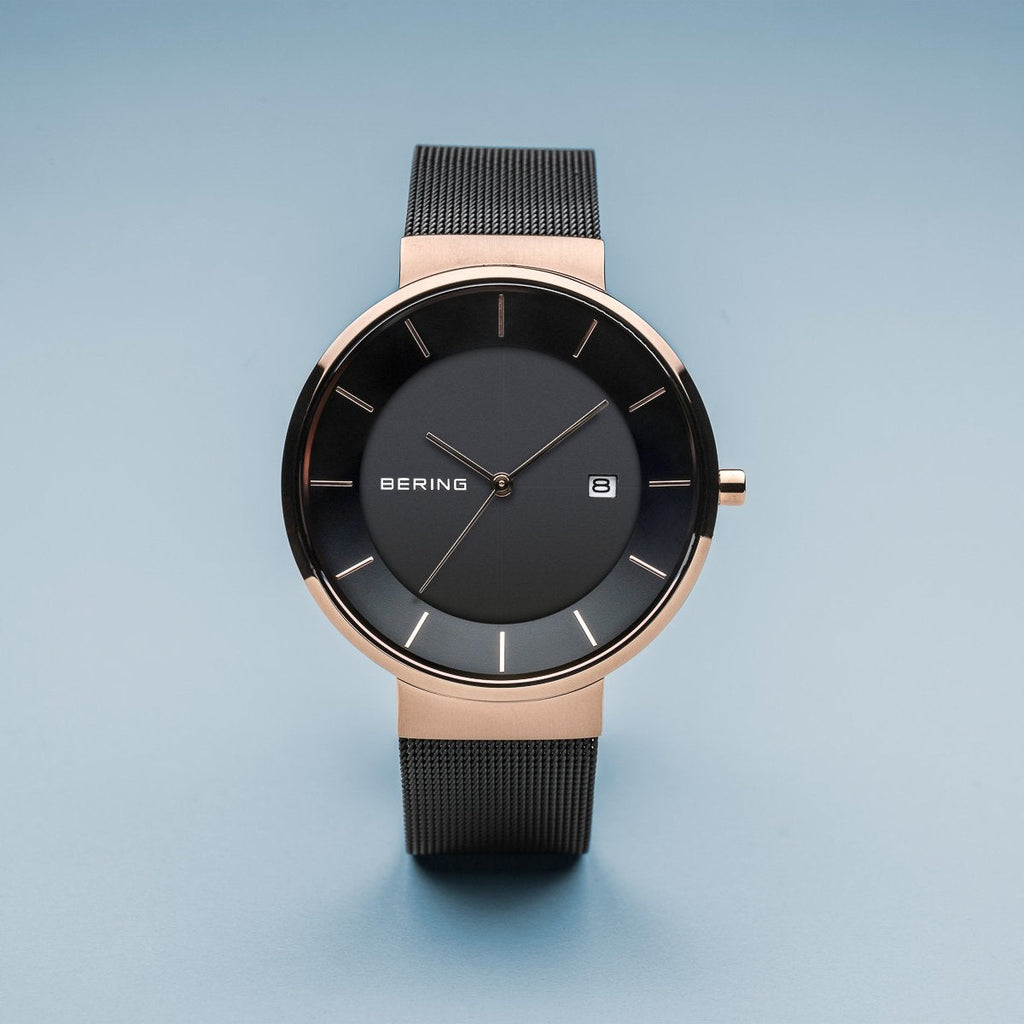 Bering Solar Polised Rose Gold Black Mesh Watch