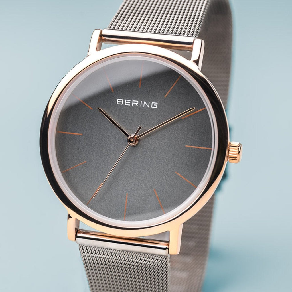 Bering Classic Polished Rose Gold Grey Mesh Watch