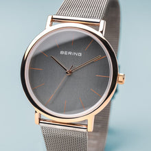 Load image into Gallery viewer, Bering Classic Polished Rose Gold Grey Mesh Watch