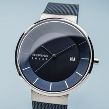 Load image into Gallery viewer, Bering Slim Solar Polished Silver Blue Mesh Watch