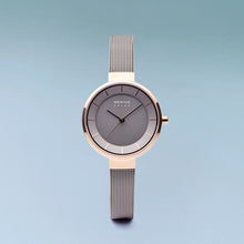 Load image into Gallery viewer, Bering Slim Solar Polished Rose Gold Grey Mesh Watch