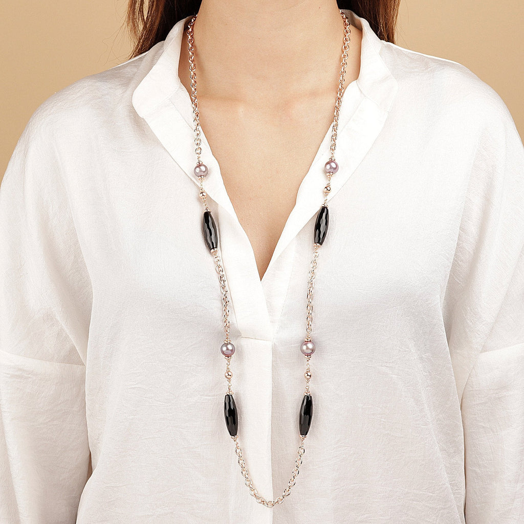 Bronzallure Black Onix and Rose Ming Pearl Chanel Necklace