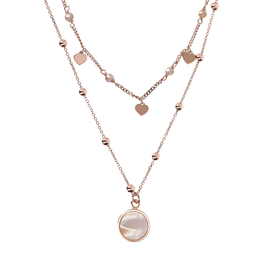 Bronzallure Two Strands Necklace with Natural Stone and Golden Rose Hearts