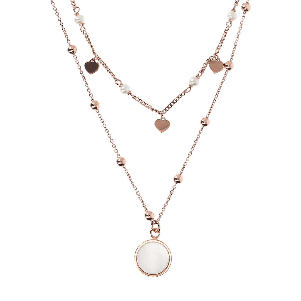 Bronzallure Two Strands Necklace with Natural Stone and Golden Rose Hearts