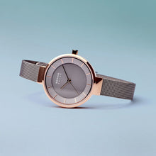 Load image into Gallery viewer, Bering Slim Solar Polished Rose Gold Grey Mesh Watch