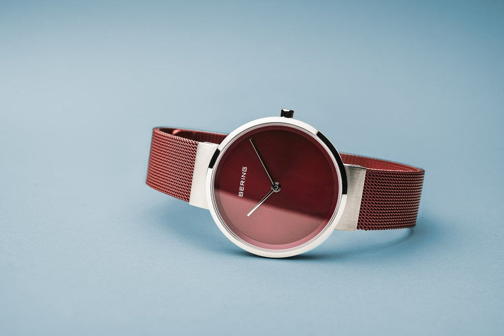 Bering Classic Brushed Silver Red Mesh Watch