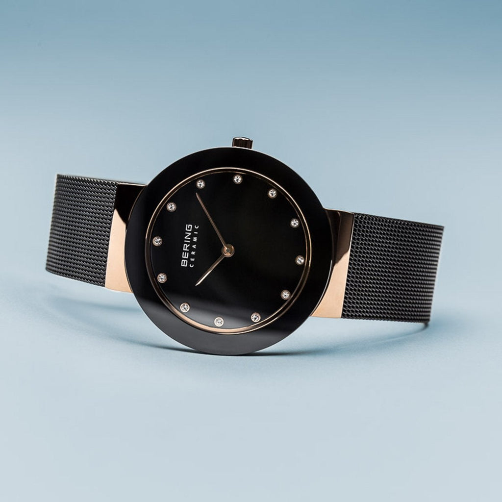 Bering Ceramic Polished Rose Gold Black Mesh Watch