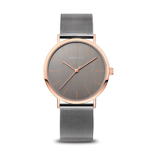 Bering Classic Polished Rose Gold Grey Mesh Watch