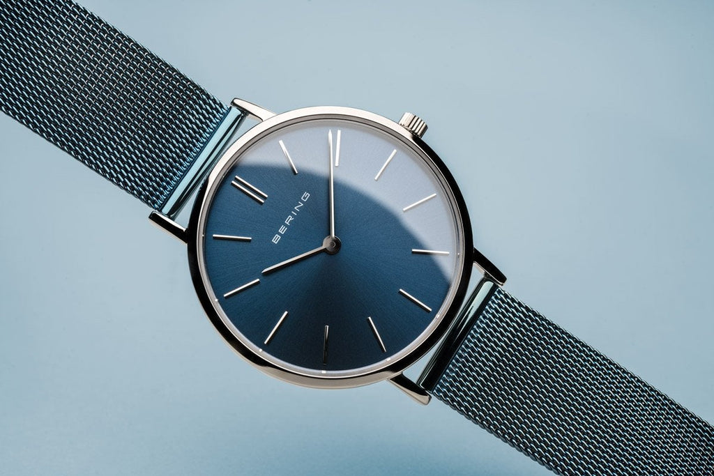 Bering Classic Polished Silver Blue Mesh Watch