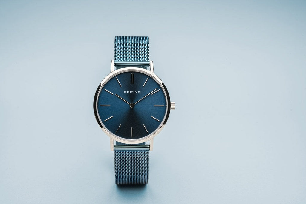 Bering Classic Polished Silver Blue Mesh Watch