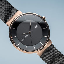 Load image into Gallery viewer, Bering Solar Polised Rose Gold Black Mesh Watch