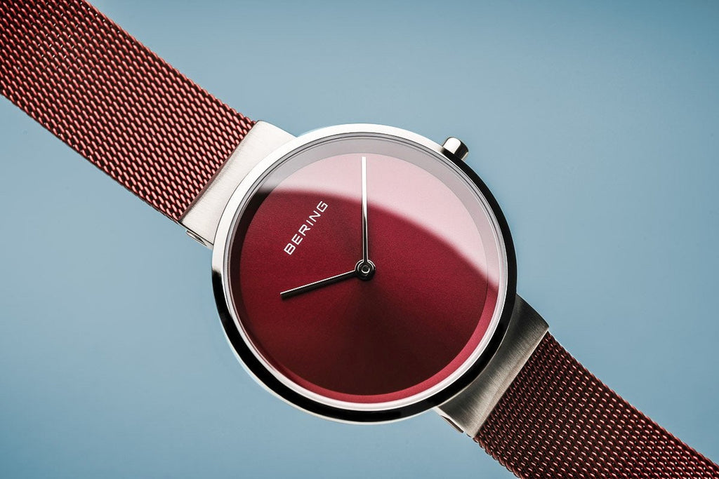 Bering Classic Brushed Silver Red Mesh Watch