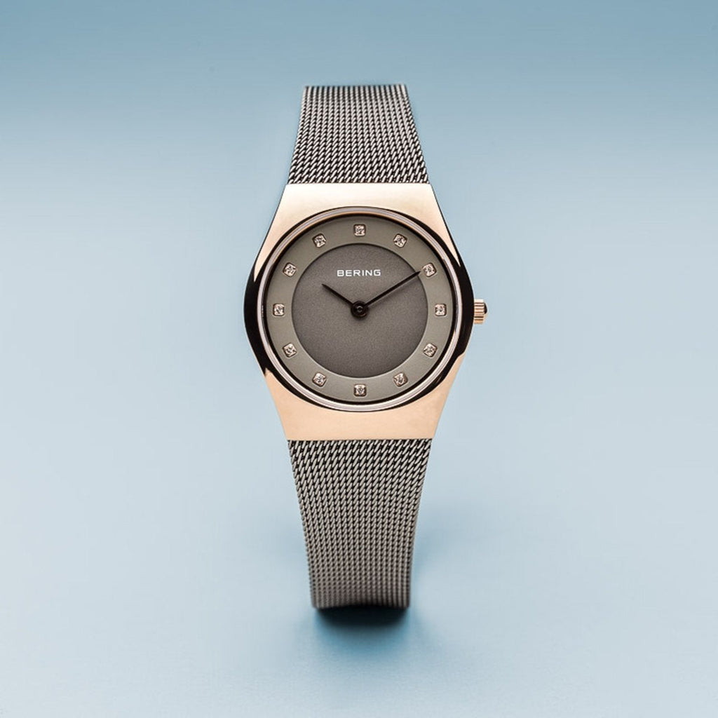 Bering Classic Polished Rose Gold Grey Mesh Watch