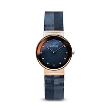 Load image into Gallery viewer, Bering Classic Polished Rose Gold Blue Mesh Swarovski Watch