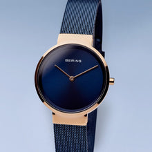 Load image into Gallery viewer, Bering Classic Polished Rose Gold Blue Mesh Watch