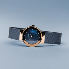 Load image into Gallery viewer, Bering Classic Polished Rose Gold Blue Mesh Swarovski Watch