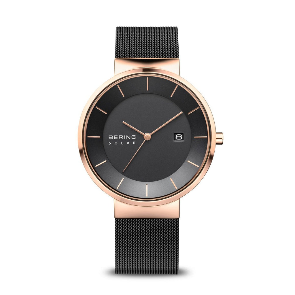 Bering Solar Polised Rose Gold Black Mesh Watch