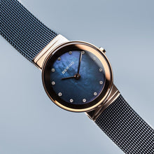 Load image into Gallery viewer, Bering Classic Polished Rose Gold Blue Mesh Swarovski Watch