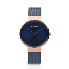 Load image into Gallery viewer, Bering Classic Polished Rose Gold Blue Mesh Watch