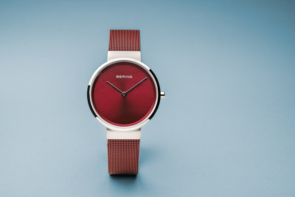 Bering Classic Brushed Silver Red Mesh Watch